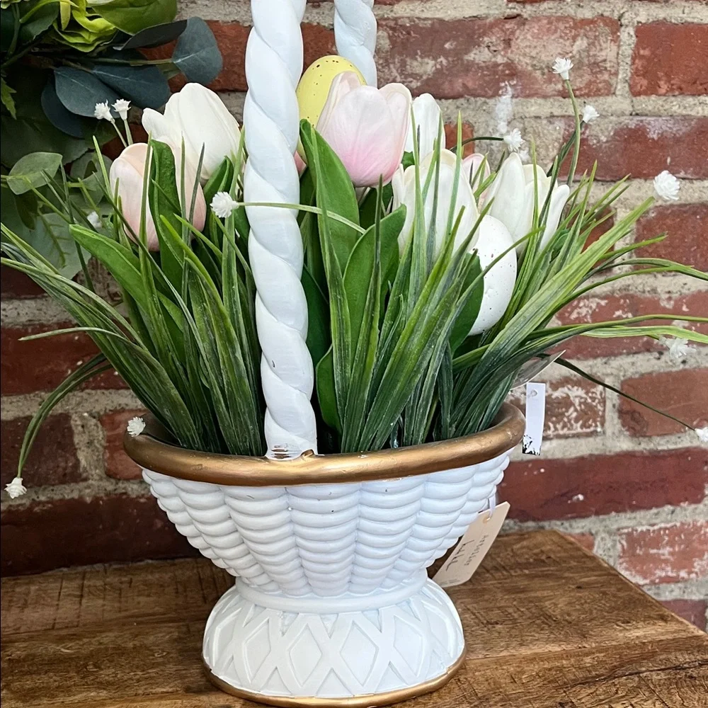 Nicole Miller White Basket Planter with Pink & White Tulips and Pastel Eggs